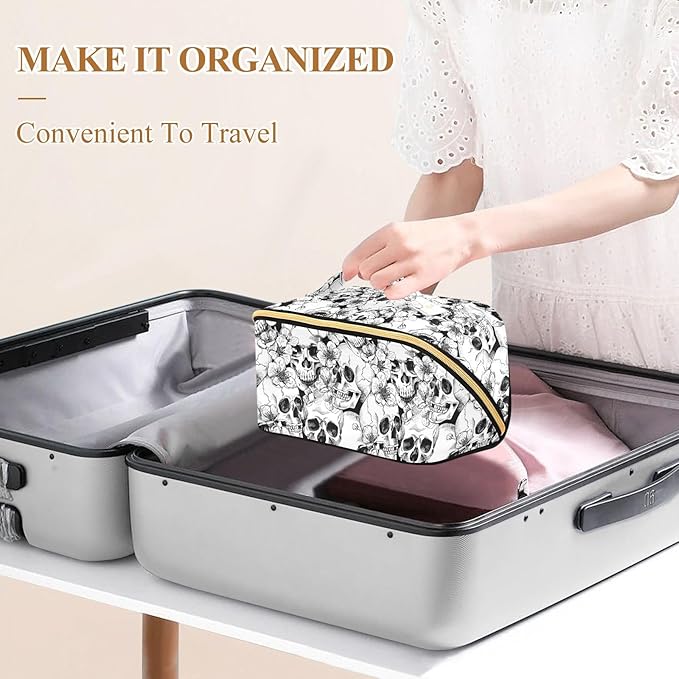 MNSRUU Makeup Organizer Bag, Skull and Flower Travel Makeup Bags Makeup Vanity Case Large Capacity Rhombus Cosmetic Toiletry Bag for Girl Women Ladies