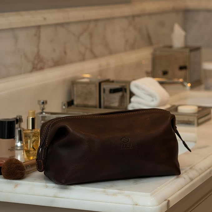 Time Resistance Leather Toiletry Bag - Italian Cosmetic Case Dopp Kit (Brown)