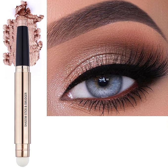 Qeetvia Rose Gold Eyeshadow Stick Makeup, Long-Lasting Waterproof Eye Shadow Pencil, Hypoallergenic Smudge-Proof Glitter Primer Palette Shimmer Eyeliner, Easy to Blend Eye Make Up