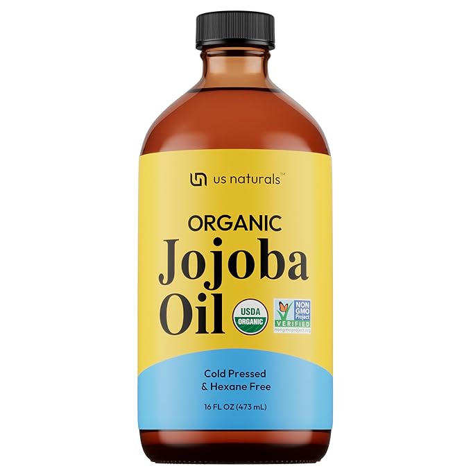 Us Naturals Organic Jojoba Oil 16 oz in Glass Bottle - USDA Certified Organic & Non-GMO, 100% Pure Cold Pressed, Unrefined, Hexane-Free Carrier Oil for Hair, Skin, Nails & Massage