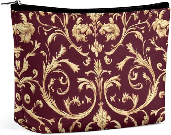Meaudiwes Fashion Zipper Cosmetic Case, Portable Makeup Case, Personality Toiletry Bag, Flower Maroon Gold Floral Classy Burgundy Antique Travel Cosmetic Toiletry Bag