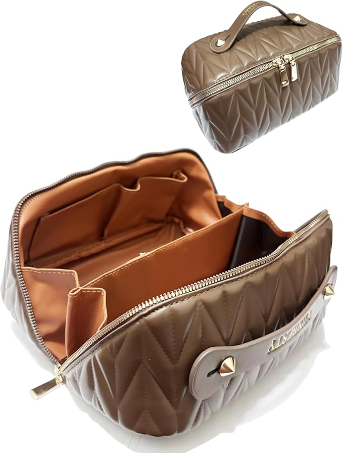 VIDIBESTY Travel Makeup Bag for Women, Large Capacity Cosmetic Bags for Girls, Compact Pouch Make up Organizer, Waterproof Toiletry Bag with Divider and Handle (Brown)