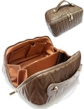 VIDIBESTY Travel Makeup Bag for Women, Large Capacity Cosmetic Bags for Girls, Compact Pouch Make up Organizer, Waterproof Toiletry Bag with Divider and Handle (Brown)