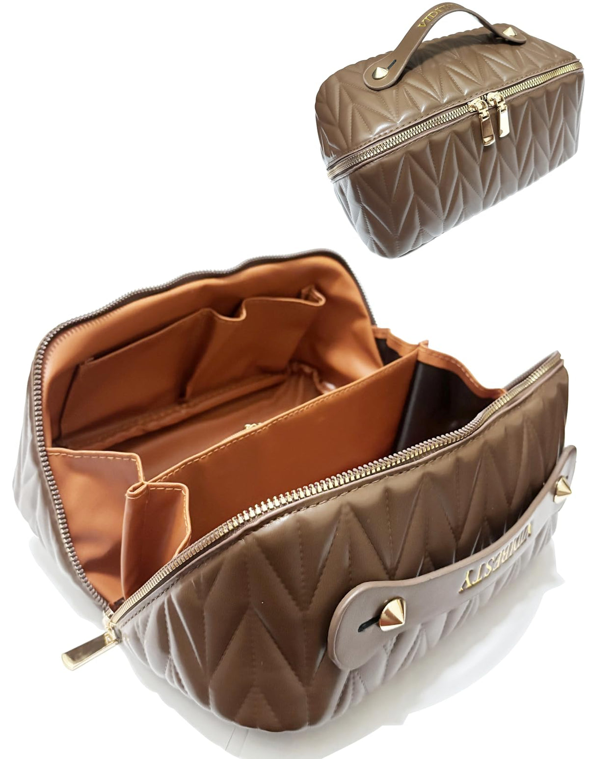 VIDIBESTY Travel Makeup Bag for Women, Large Capacity Cosmetic Bags for Girls, Compact Pouch Make up Organizer, Waterproof Toiletry Bag with Divider and Handle (Brown)