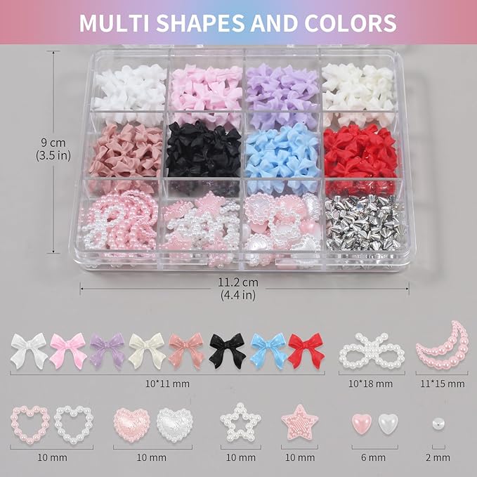 Artdone Nail Art Studs Glitter Kit, 12 grids 8 Colors 3D Charms and Pink Mix White Star Heart Moon Cute Nail Jewels for DIY Decoration