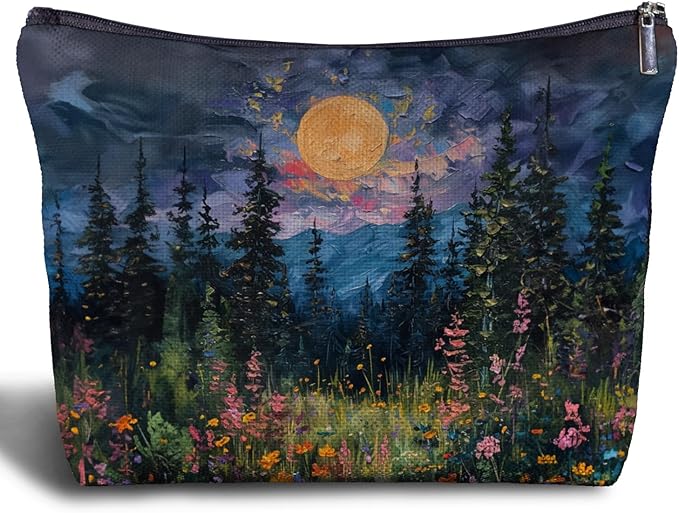 Zomhix Full Moon Above the Wildflowers Makeup bag, Cottagecore Accessories Cosmetic Bag, Cottagecore Gifts, Mystical Under Cold Moons Scenic Cosmetic Bag Toiletry Bag