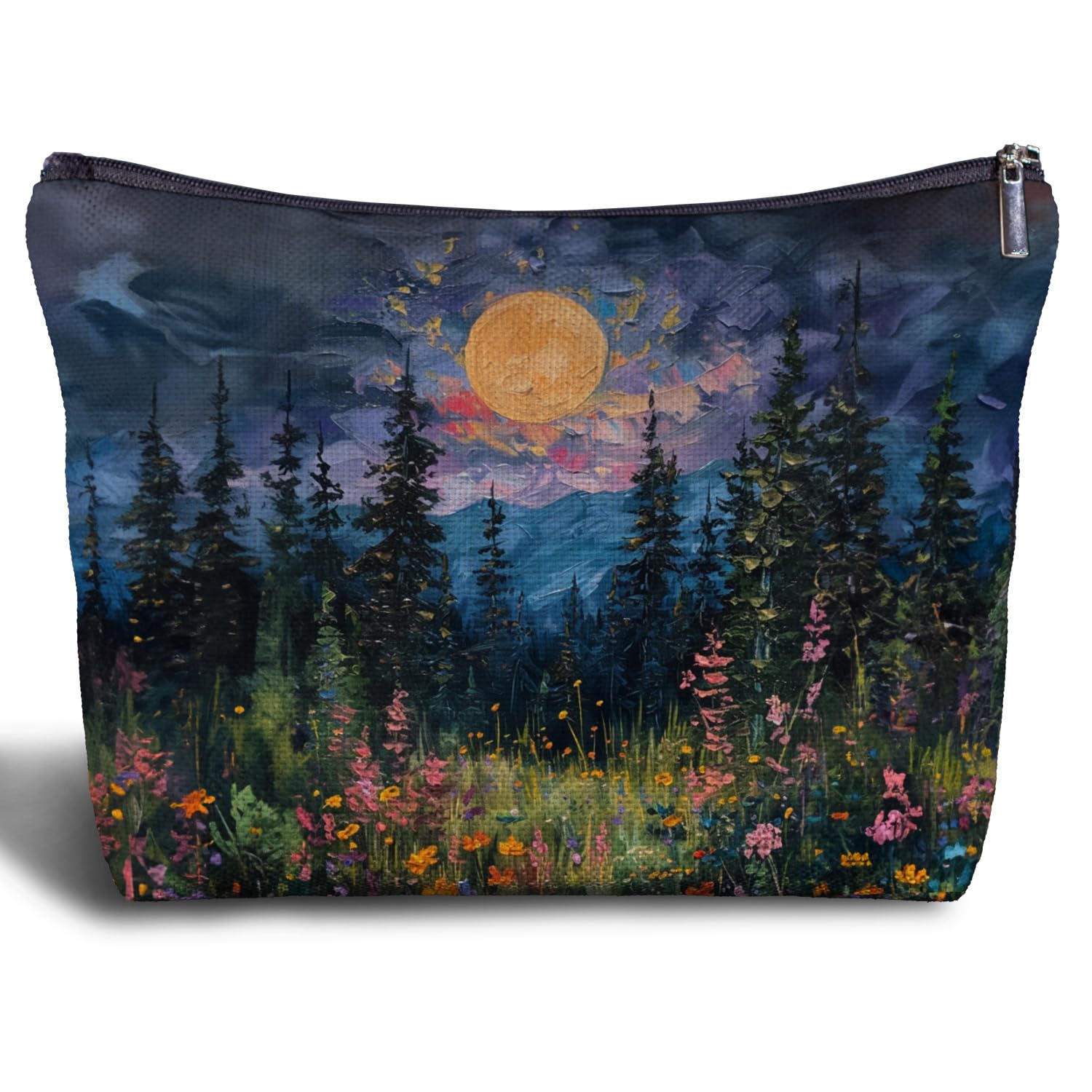 Zomhix Full Moon Above the Wildflowers Makeup bag, Cottagecore Accessories Cosmetic Bag, Cottagecore Gifts, Mystical Under Cold Moons Scenic Cosmetic Bag Toiletry Bag