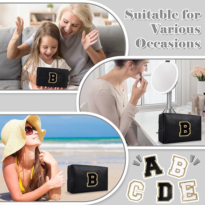 Personalized Initial A-Z Preppy Patch Makeup Bag,Small PU Chenille Letter Cosmetic Bag with Zipper for Teen Girls,Black Cute Toiletry Organizer Bag,Monogram Makeup Case Gift for Women Girls,Letter B