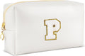URSKYTOUS Gifts for Girls Initial Makeup Bag Personalized Cosmetic Bag with Zipper Cute Travel Toiletry Bags Waterproof PU Preppy Makeup Pouch Birthday Gift for Teen Girls Women(White P)