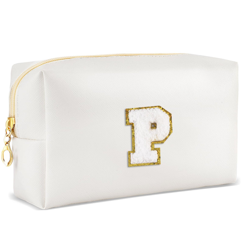 URSKYTOUS Gifts for Girls Initial Makeup Bag Personalized Cosmetic Bag with Zipper Cute Travel Toiletry Bags Waterproof PU Preppy Makeup Pouch Birthday Gift for Teen Girls Women(White P)