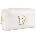 URSKYTOUS Gifts for Girls Initial Makeup Bag Personalized Cosmetic Bag with Zipper Cute Travel Toiletry Bags Waterproof PU Preppy Makeup Pouch Birthday Gift for Teen Girls Women(White P)