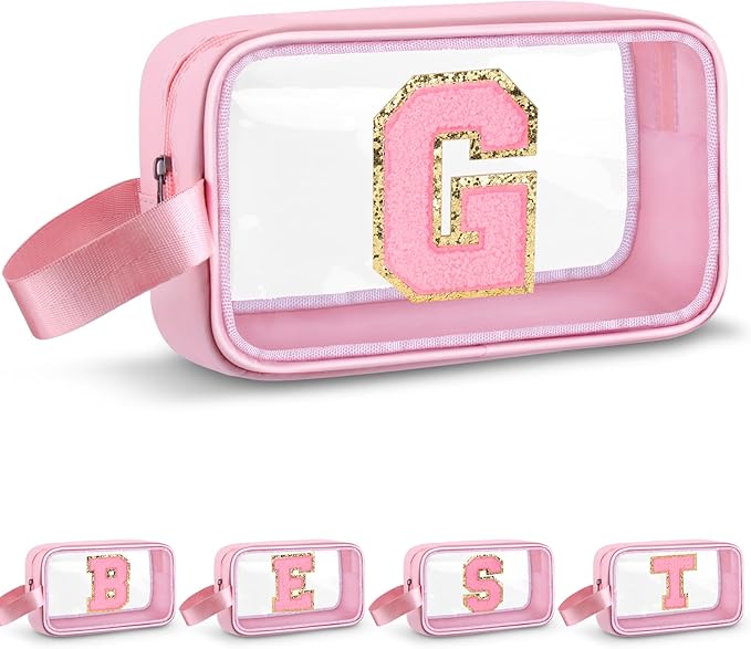 Vodolo Initial Makeup Bag,Letter G Cute Clear Monogrammed Cosmetic Travel Bag for Womens Girls,Personalized Pink Aesthetic Traveling Make Up Organizer Bag for Beach,Waterproof Toiletry Bag