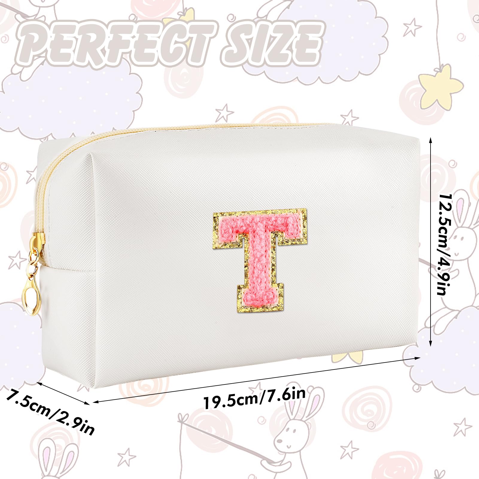 URSKYTOUS Initial Makeup Bag Personalized Preppy Travel Small Cosmetic Bag Cute PU White Chenille Letter Makeup Pouch for Purse Waterproof Zippered Toiletry Organizer for Women Girls Kids Friends (T)