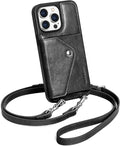 LUCKYCOIN Crossbody Phone Case for iPhone 14 Pro Max, 100% Genuine Leather Phone Wallet Case for Women, Premium Hands-Free Phone Purse with Expandable Flip Card Holder & Adjustable Strap - Retro Black