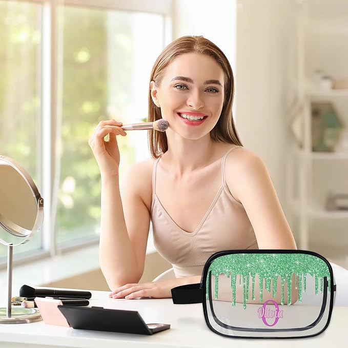 KFNHN Personalized Name Toiletry Bag, Transparent PVC Large Travel Cosmetic Bag Portable Makeup Organizer Bag for Women Bathroom Shower Essentials, Water Flow Shape Lime Green Glitters