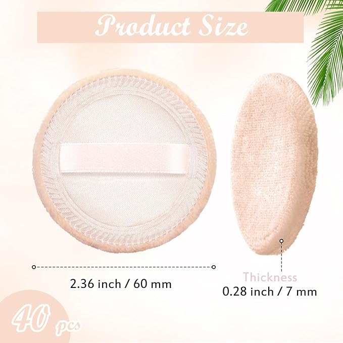 SiliFine 40 Pcs Cotton Powder Puffs Bulk Washable, 2.36 Inch Round Makeup Dusting Puff with Ribbon for Loose and Pressed Powder Face Body Cosmetic, Beige