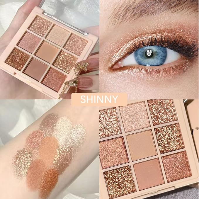 CAKAILA 9Colors Champagne Rose Gold Eye Shadow Palette Makeup,Shimmer Pink Eyeshadow Palette Nude Glitter Sparkly Eye Shadows Long Lasting Waterproof Blendable Naturing-Looking