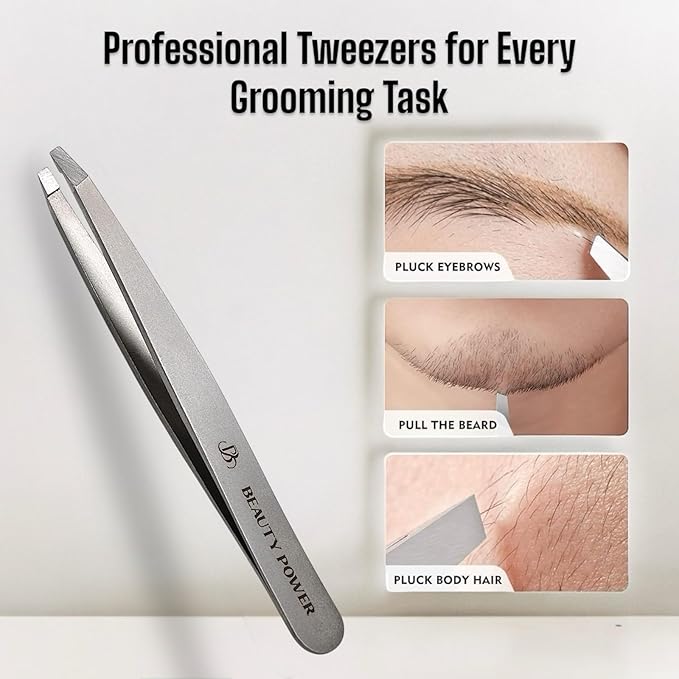 Beauty Power Tweezers for Women Facial Hair: Ultra Precision Tweezers for Women & Men, Sharp Slant Tweezer for Eyebrows, Ingrown Hair Removal. Professional Plucker + Case, German Stainless Steel Gray