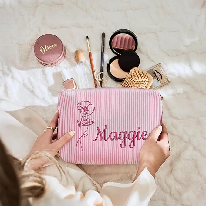 Ajiangwu Personalized Makeup Bag with Embroidered Name&Birth Flower for Bridesmaid Gifts,Custom Small Travel Cosmetic Bag Toiletry Bag Wedding Gifts for Bride