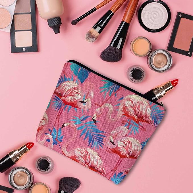 Kalygon Flamingo Makeup Bag For Women, Adorable Cosmetic Pouch With Tropical Leaves Palms Pattern, Pink Zipper Travel Toiletry Organizer For Gym and Bathroom