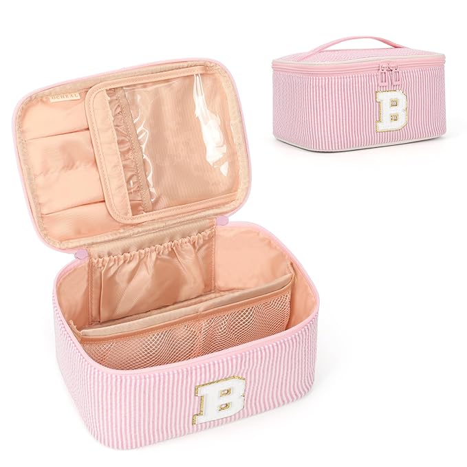 OCHEAL Makeup Bag for Women, Monogram Cosmetic Bag Pink Travel Makeup Case Beauty Toiletry Bag Organizer Personalized Gifts for Girls Bridesmaid, Sister, Wife, Friends Initial B