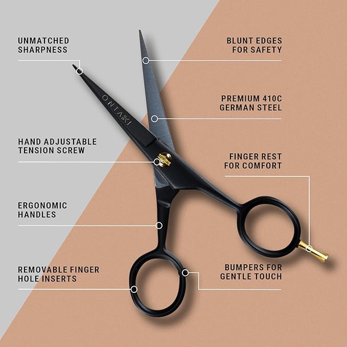 Ontaki Beard and Mustache Trimming Scissors & Combs for Men - 5" Black