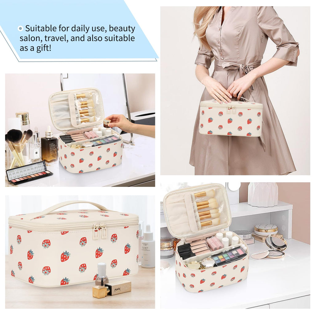 OCHEAL Makeup Bag,Travel Makeup Organizer Bag, Large Capacity Cosmetic Bags For Women Large Travel Toiletry Bag Girls Traveling With Brush Slot And Divider-PU Strawberry