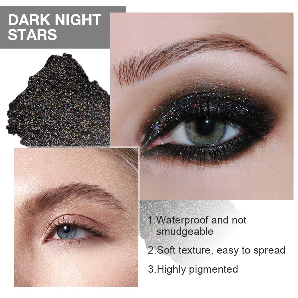 FeiCuiYun Black Glitter Eyeshadow Palette Makeup for Women, Glitter Shimmer Metallic Holographic Iridescent Single Monochrome Eyeshadow Halloween Birthday Party Wear Makeup, Sombras Crema Para Ojos