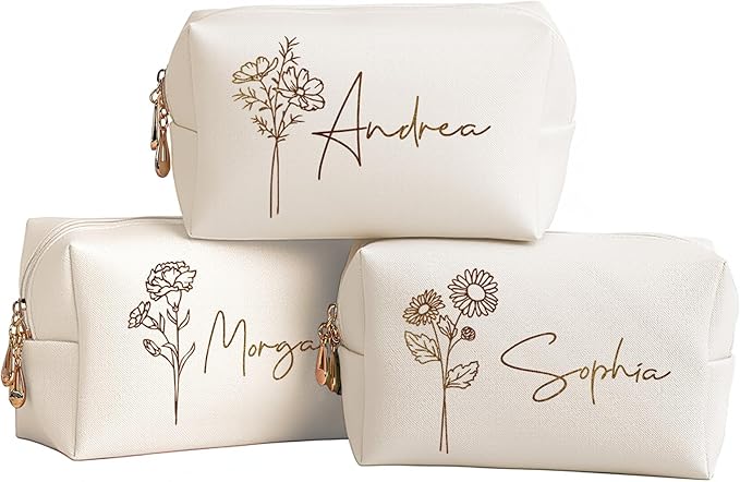 DayOfShe Personalized Name Makeup Bag for Bridesmaid Gifts Bridal Shower Wedding Gifts Custom Travel Toiletry Bag Cosmetic Bag for Best Friend Birthday Gifts