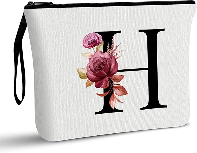 Vavabox A-Z Personalized Makeup Bag, Birthday Gifts for Women Mom, Gifts for Best Friend, Bride Bridesmaid Cosmetic bag (H, 01-White)