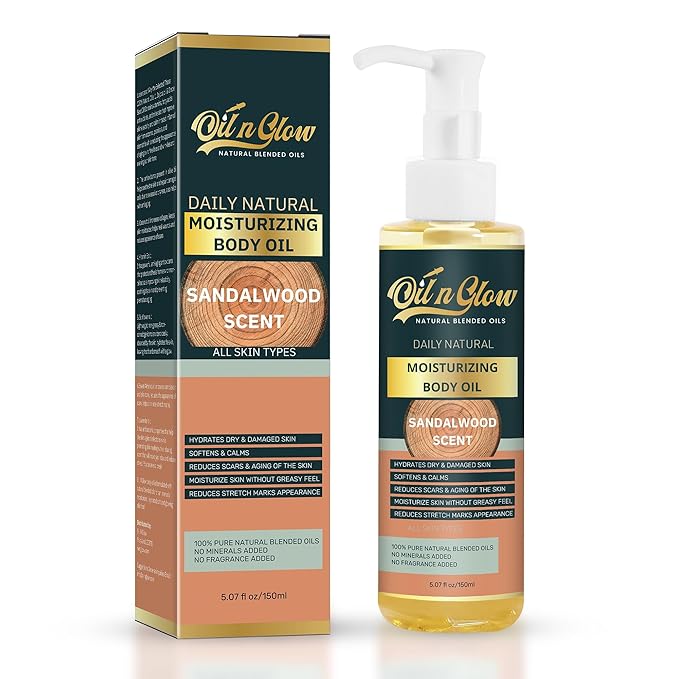 OilnGlow Pure Natural Hydrating Body Oil After Shower With Coconut, Jojoba, Olive & Almond Non-Greasy Moisturizing Oil For Women & Men Dry Skin 5.07 fl oz/150ml-Sandalwood Scent