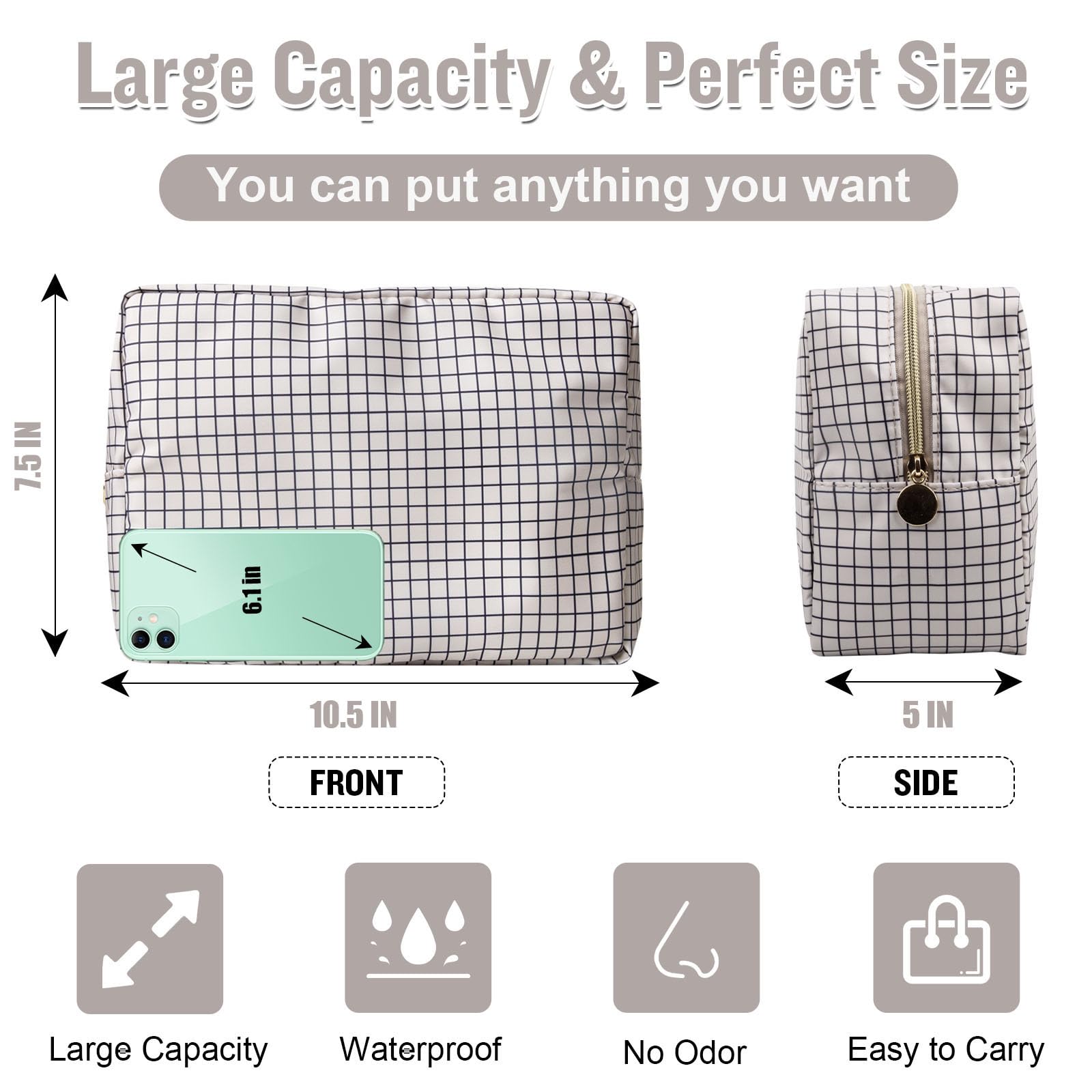 Nylon Large Checkered Makeup Bag Travel Pouch for Women, Big Preppy Makeup Bag Cute Cosmetic Zipper Pouch Purse,Waterproof Toiletry Bag Clutch Makeup Brush Organizer Pouch for Ladies Girls(Checkered)