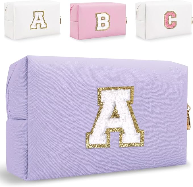 HENGNI Small Personalized Letter Makeup Bag, Cute PU Leather Chenille Letters Cosmetic Bag Travel Makeup Pouch, Preppy Travel Organizer Zipper Pouch for Women&Girls（Purple-A）