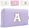 HENGNI Small Personalized Letter Makeup Bag, Cute PU Leather Chenille Letters Cosmetic Bag Travel Makeup Pouch, Preppy Travel Organizer Zipper Pouch for Women&Girls（Purple-A）