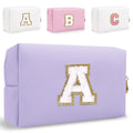 HENGNI Small Personalized Letter Makeup Bag, Cute PU Leather Chenille Letters Cosmetic Bag Travel Makeup Pouch, Preppy Travel Organizer Zipper Pouch for Women&Girls（Purple-A）
