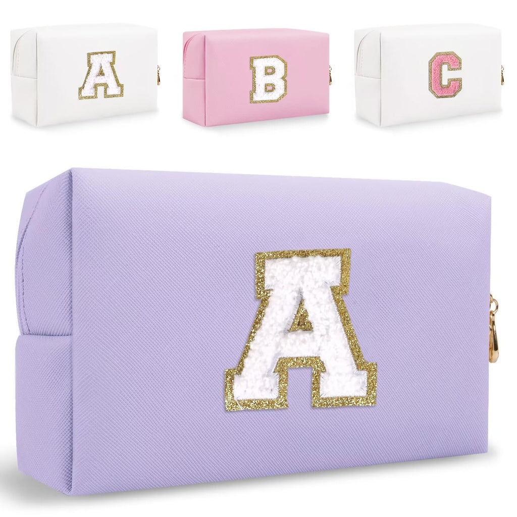 HENGNI Small Personalized Letter Makeup Bag, Cute PU Leather Chenille Letters Cosmetic Bag Travel Makeup Pouch, Preppy Travel Organizer Zipper Pouch for Women&Girls（Purple-A）