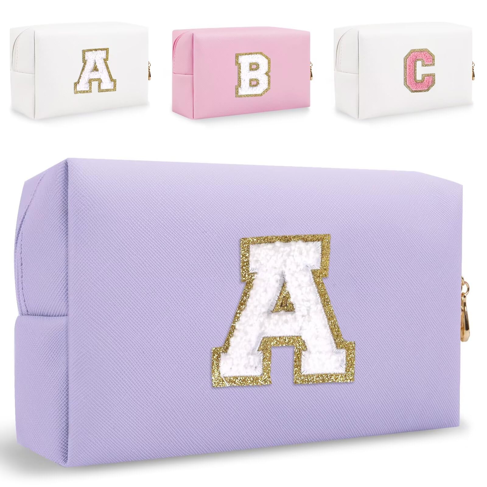 HENGNI Small Personalized Letter Makeup Bag, Cute PU Leather Chenille Letters Cosmetic Bag Travel Makeup Pouch, Preppy Travel Organizer Zipper Pouch for Women&Girls（Purple-A）