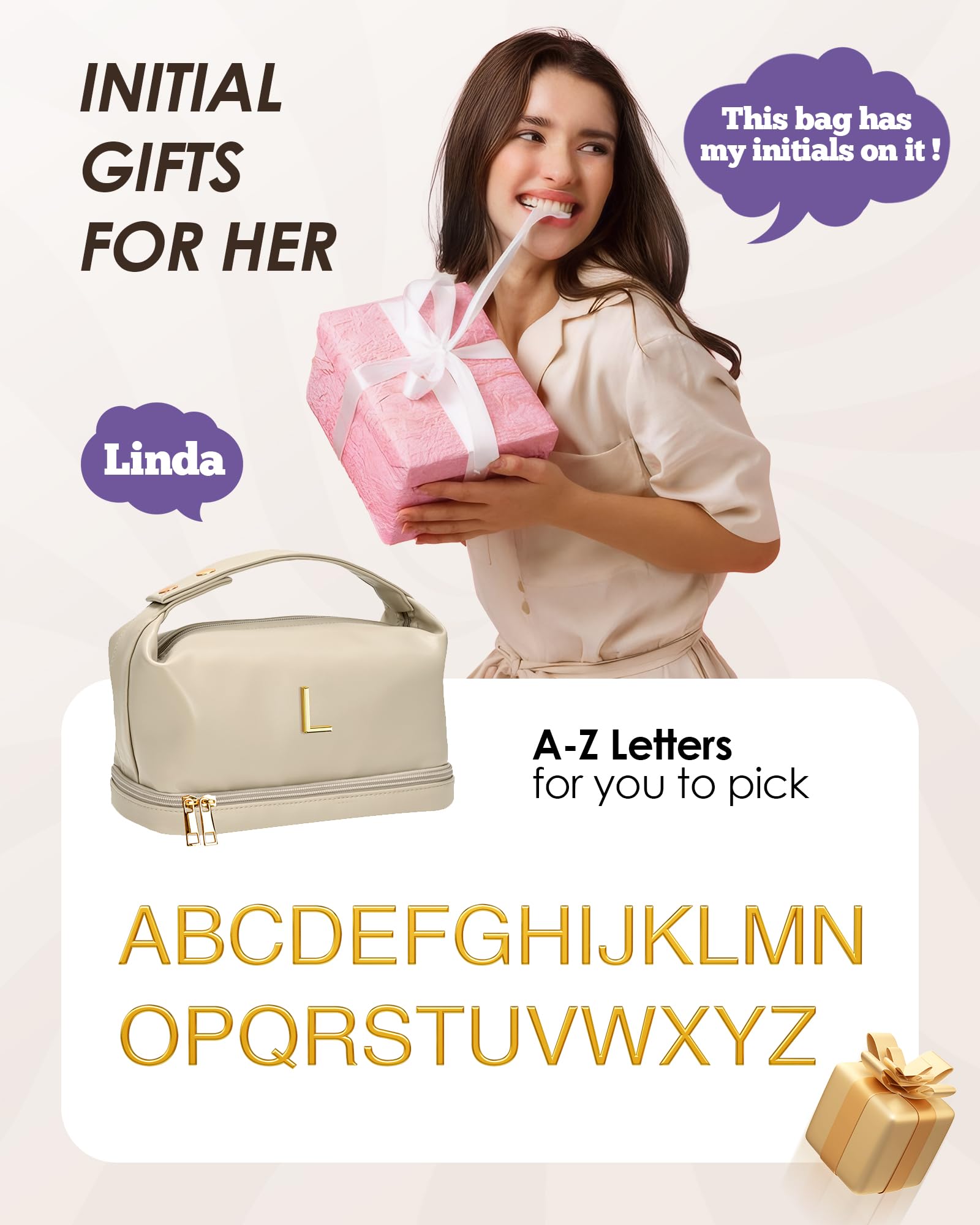 Vogewood Women Gifts Initial Makeup Bag with Handle,Initial Double Layer