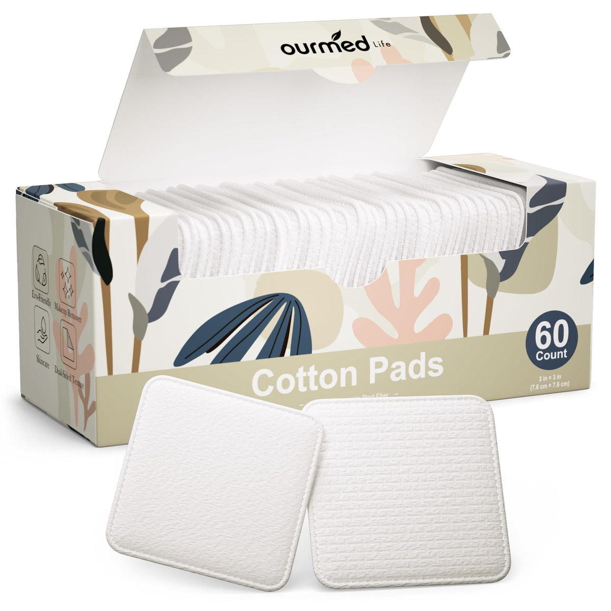 Ourmed Life Large Cotton Pads for Face, 3 x 3 Makeup Remover Pads, 120 ct