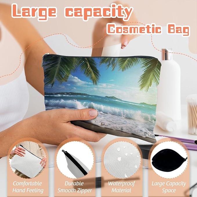 Scribesense Makeup Bag Travel Cosmetic Bags Small Makeup Case Waterproof Zipper Pouch for Women Girls 7X9inches - Tropical Beach Scenery with Palm Trees