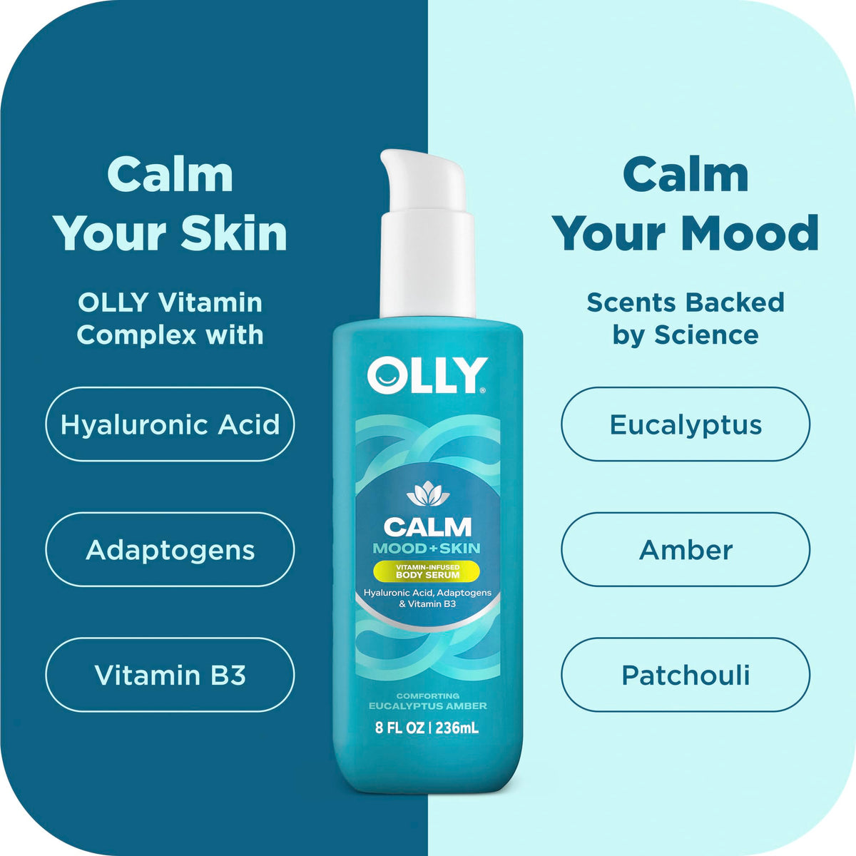 OLLY Calm Body Lotion-Serum Nourishing Cleanser Eucalyptus Amber Scent 8oz