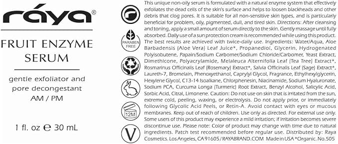 RAYA Fruit Enzyme Serum 505 for Oily Skin, Matte Finish Facial Gel, 2 Oz