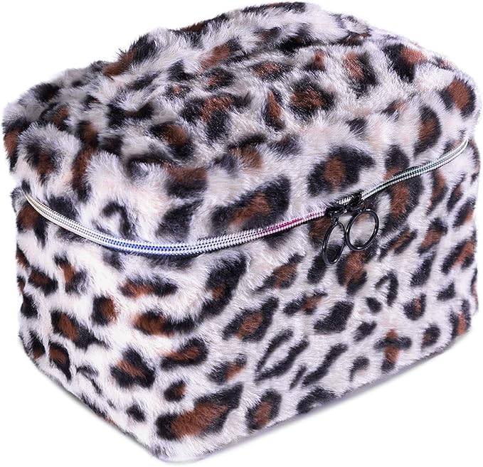 imerelez Plush Makeup Bag for Women, Leopard Print Faux Fur Travel Cosmetic Organizer, 10.2 x 7 x 7 in Soft Fluffy Toiletry Bag for Makeup, Skincare and Beauty Essentials (Beige)
