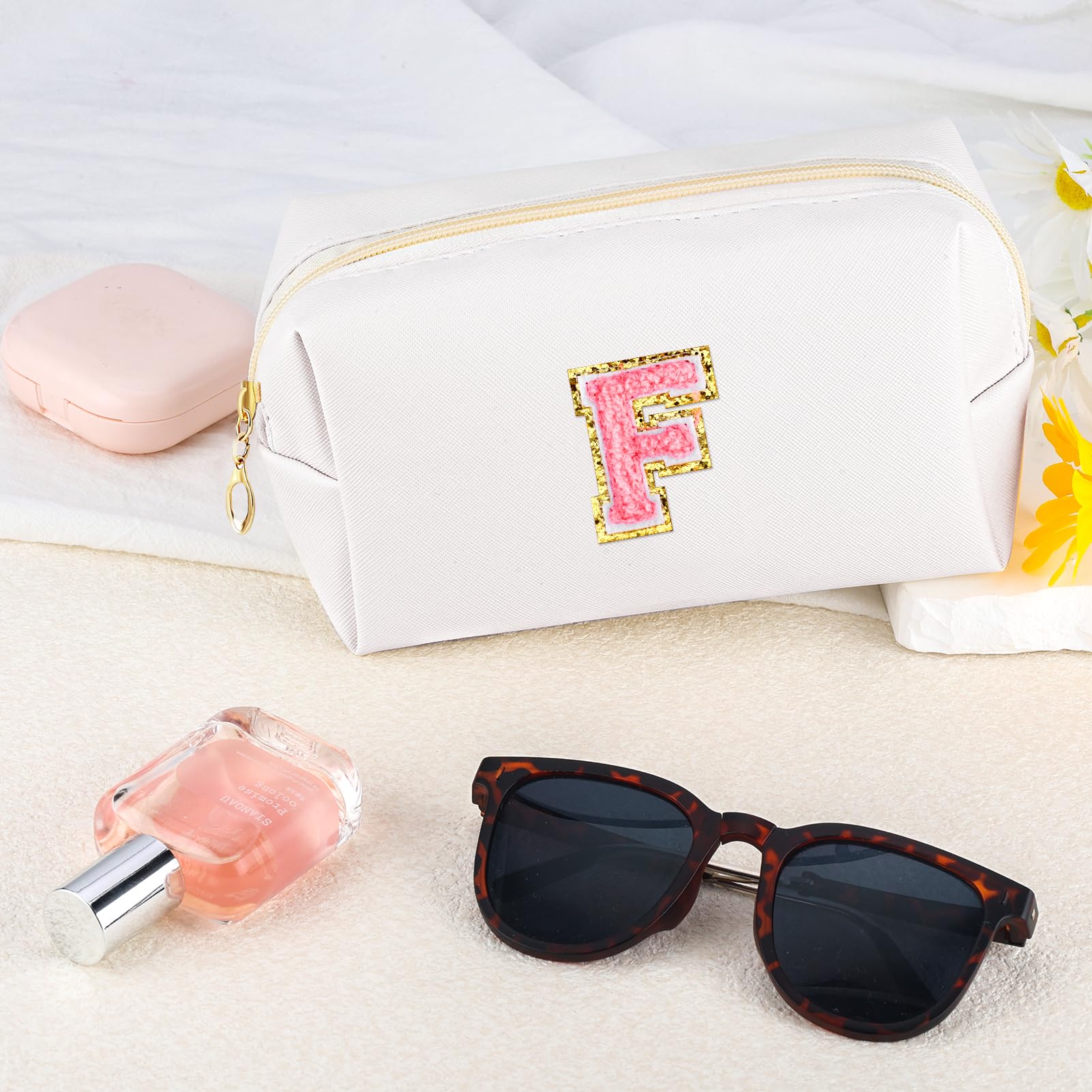 URSKYTOUS Initial Makeup Bag Personalized Preppy Travel Small Cosmetic Bag Cute PU White Chenille Letter Makeup Pouch for Purse Waterproof Zippered Toiletry Organizer for Women Girls Kids Friends (F)