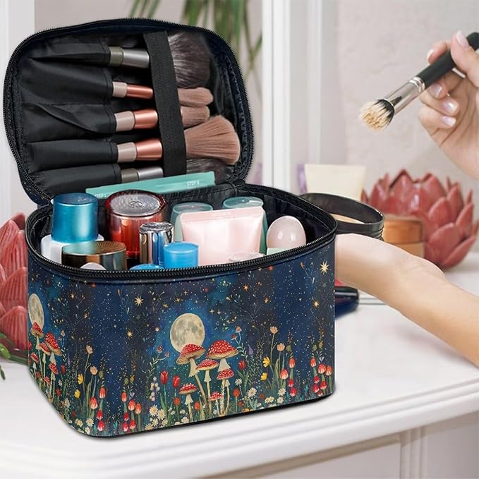 Drydeepin Vintage Mushroom Moon Starry Night Print Makeup Bag for Women Ladies Portable Cosmetic Bag with Zipper and Carry Handle Make Up Tote Bags Toiletry Case Organizer