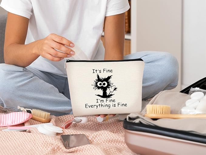 BARPERY Cat Makeup bag It's Fine Everything is Fine Inspirational Funny Cat Kitten,Cosmetic Bag Zipper Travel Toiletry Bag Best Gift Idea for Cat Lovers Teen Girls,Cat Owners Gifts,Birthday Gift