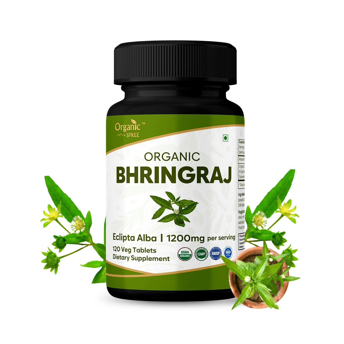 ORGANIC SPREE Bhringraj 120 Tablets - Supports Hair Nourishment, Healthy Hair Growth & Scalp Health* - Eclipta alba - 60 Days Supply - USDA Organic, GMP, HACCP Certified