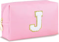 URSKYTOUS Gifts for Teacher Initial Makeup Bag Personalized Cosmetic Bag Cute Travel Toiletry Bag Small Chenille Letter PU Makeup Pouch Organizer Preppy Birthday Gift for Daughter Teen Girls (Pink J)