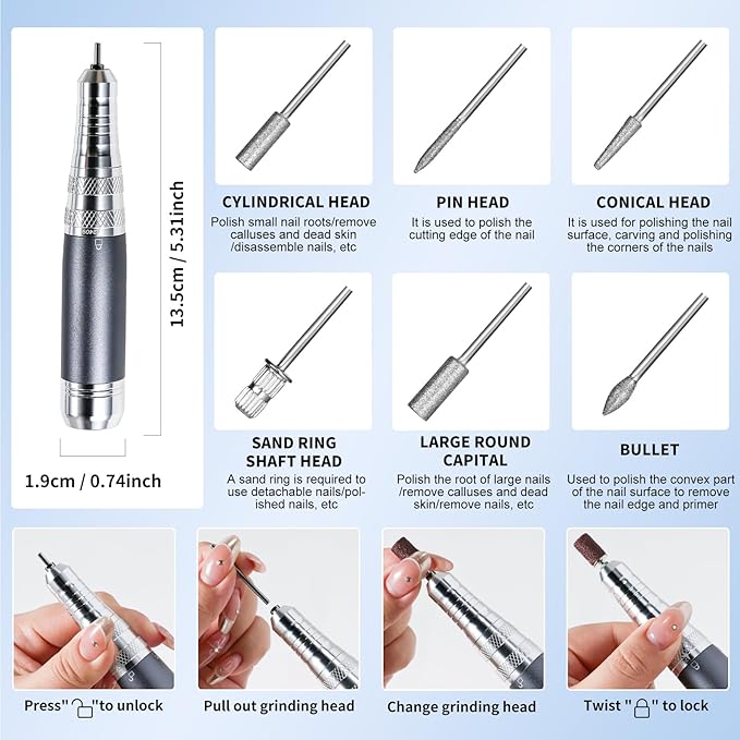 Moskany Professional Electric Nail Drill Kit White Portable Rechargeable Cordless Nail File Machine 35000 RPM with 7PCS Bits for Acrylic Gel Powder Nails Polish Pedicure Toenail Tool Salon Set