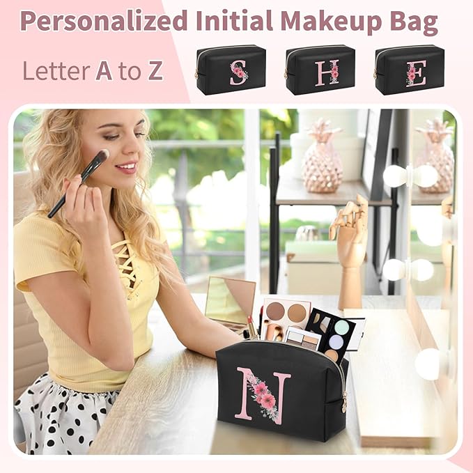 Initial Makeup Bag for Women, Travel Makeup Bag Small Cosmetic Bag, Birthday Gifts for Girls and Women, Teen Girls Gifts Trendy Stuff, Personalized Gifts for Grandkids Teacher Friends Bride Bridesmaid